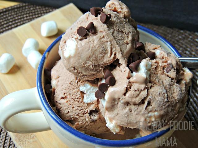 This Hot Cocoa Ice Cream is creamy & sweet with just the right amount of chocolaty-ness- pretty much the perfect mug of hot cocoa only in a frozen, perfect for summertime form.