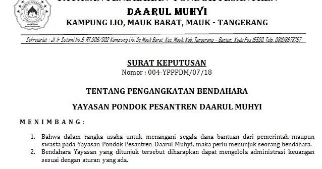 Contoh Sk Pengurus Yayasan Pondok Pesantren Barisan Contoh