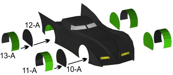 Step 10 in Batmobile paper model build instruction Step 10 in Batmobile paper model build instruction