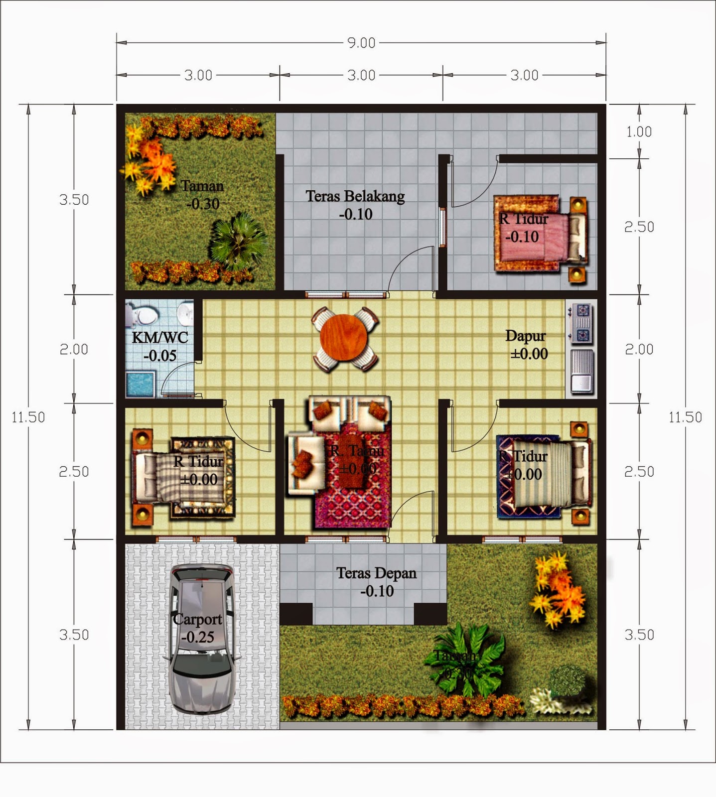 2 model denah rumah minimalis 3 kamar tidur