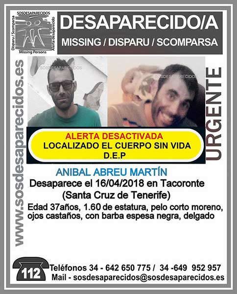 Localizado muerto hombre desaparecido Tacoronte, Tenerife Localizado muerto hombre desaparecido Tacoronte, Tenerife
