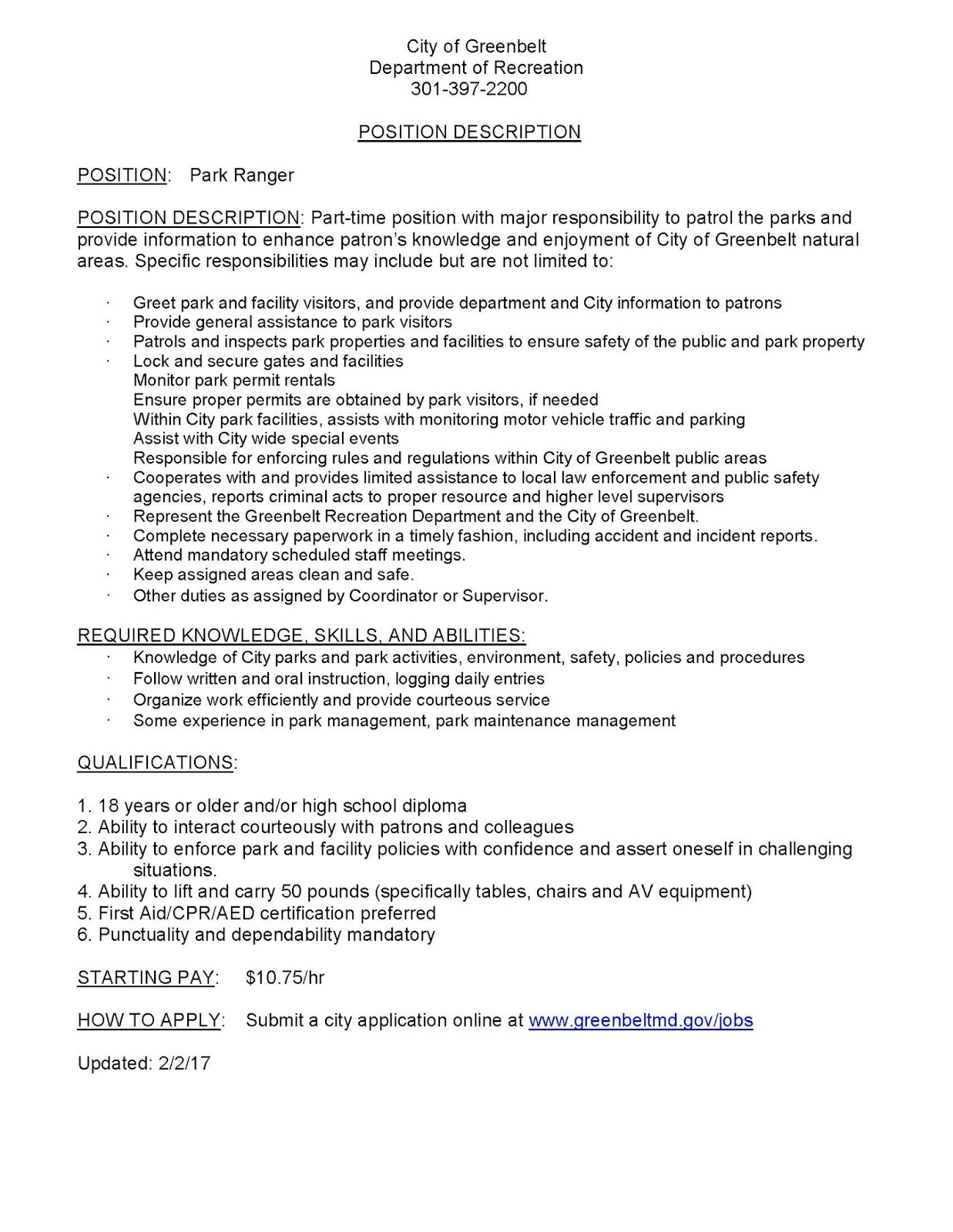 CCJS Undergrad Blog Park Ranger Positions Available in Greenbelt