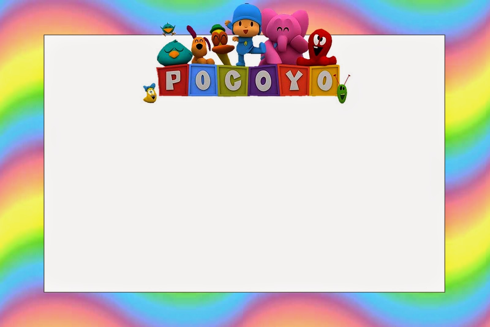 Pocoyo con Arco Iris: Invitaciones para Imprimir Gratis. Para hacer invitaciones, tarjetas, marcos de fotos o etiquetas, de Pocoyo para imprimir gratis.