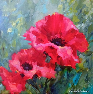 Since the poppy brushes were all warmed up, one more daily and it's time to wash the puggies and put the brushes to bed - Windswept Pink Poppies, 12X12, oil http://nancymedina.fineartstudioonline.com/workszoom/1321871