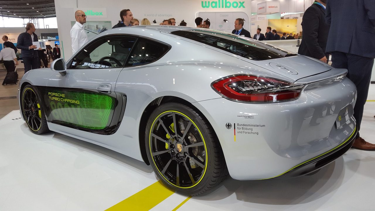 Porsche Cayman evolution EV displayed at Electric Vehicle Symposium