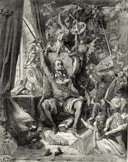 http://en.wikipedia.org/wiki/File:Gustave_Dor%C3%A9_-_Miguel_de_Cervantes_-_Don_Quixote_-_Part_1_-_Chapter_1_-_Plate_1_%22A_world_of_disorderly_notions,_picked_out_of_his_books,_crowded_into_his_imagination%22.jpg