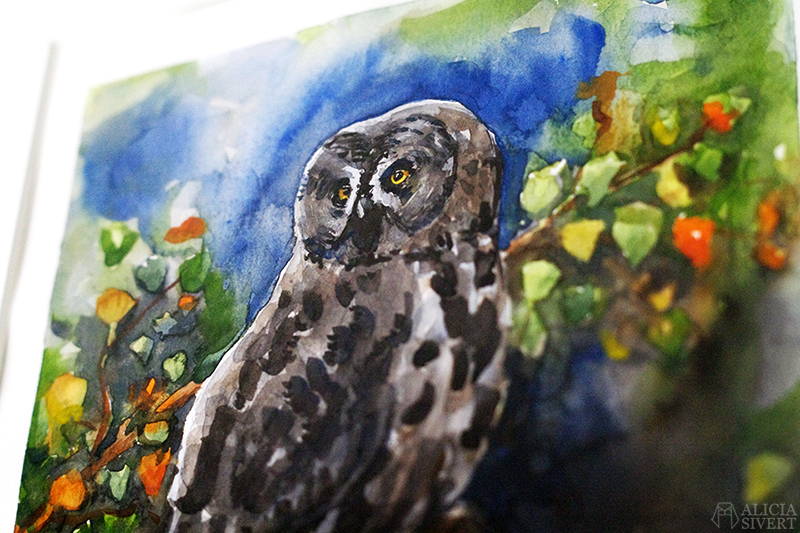 Great grey owl watercolour by Alicia Sivertsson. Great grey owl watercolour by Alicia Sivertsson. lappuggla strix nebulosa aliciasivert alicia sivert akvarell aquarelle water color water colour watercolor owl uggla måla målning painting konst art