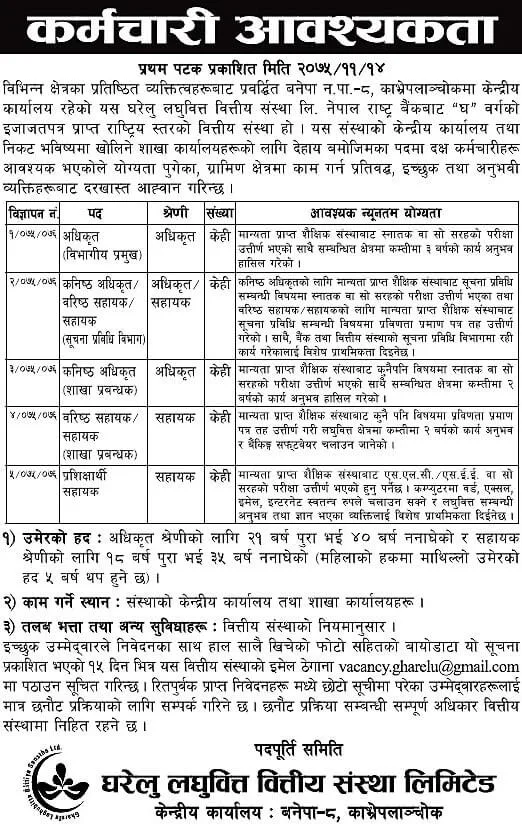 Gharelu Laghubitta Bittiya Sanstha Limited Vacancy Notice