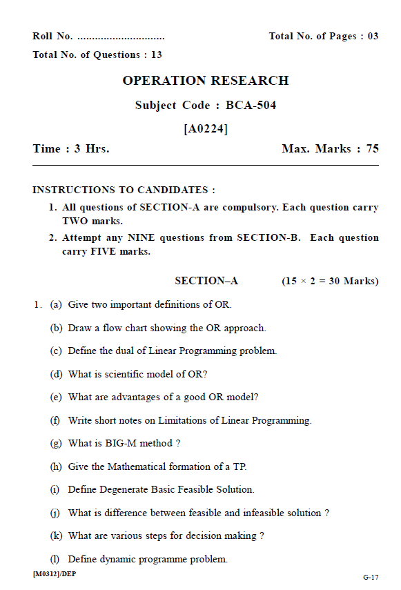 operations research previous year question papers