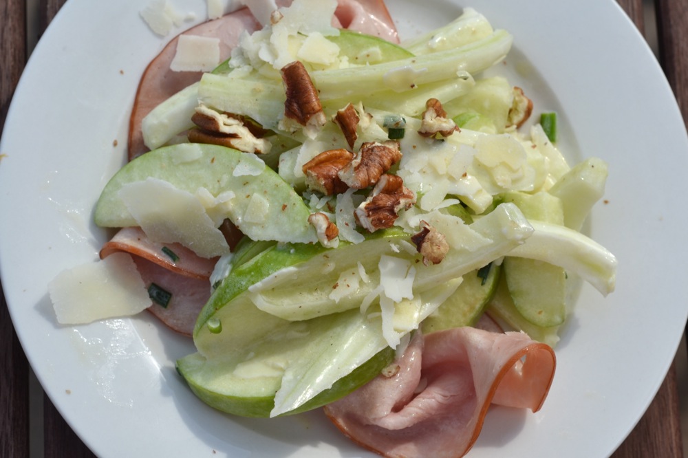 unhip squirrel fennel, apple and ham salad with asiago cheese
