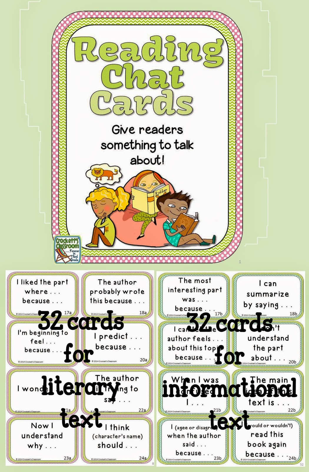 These cards are a great way for students to sit with a partner and discuss a story.  They also work in a center for reading reflection ideas.