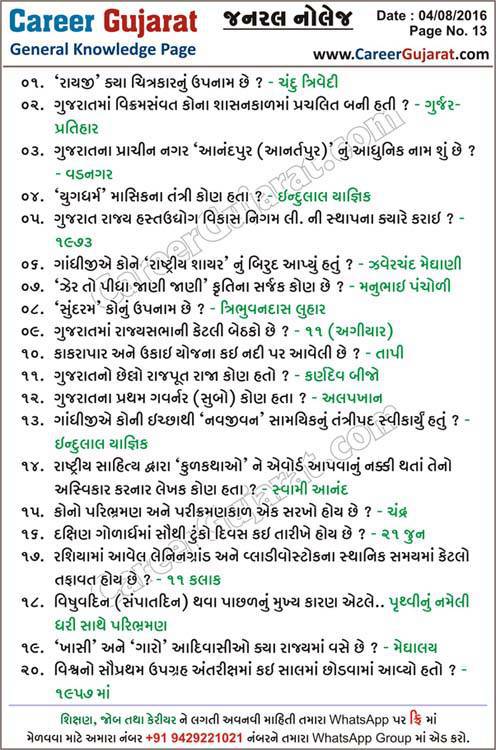 Career Gujarat General Knowledge Page - Dt. 04/08/2016