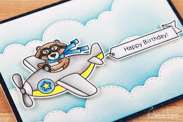 Happy Birthday Card by Juliana Michaels featuring Newton's Nook Designs Winston Takes Flight Stamp and Die Set and Sky Border Dies