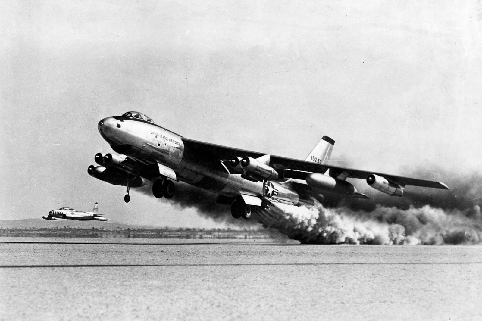 Boeing B-47E during a test of the rocket-assisted take-off system