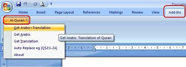 Add-Ins => Al-Qur'an pada ms.word 2007