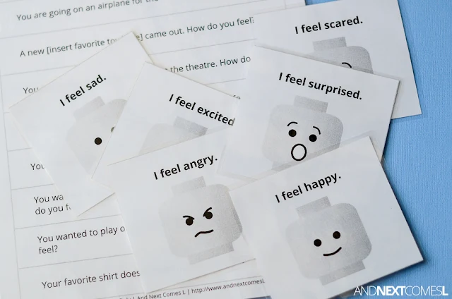 Free printable LEGO speech & emotions game for kids from And Next Comes L