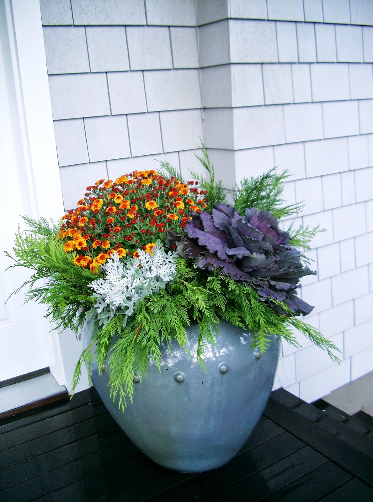 autumn arrangement in glazed blue container ©linda nelson 2014