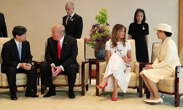 Crown Prince Akishino and Crown Princess Kiko. First Lady Melania Trump wore Carolina Herrera floral embroidered dress