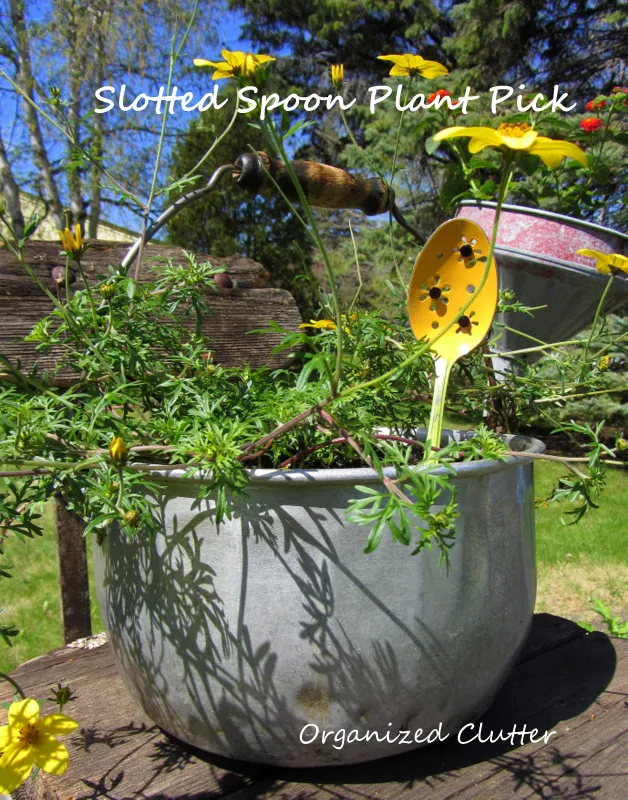 Slotted Spoon Repurposed Plant Pick www.organizedclutterqueen.blogspot.com