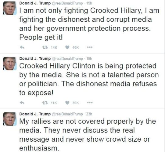'Clinton Isn't A Talented Person Or Politician, The Media Is Dishonest' - Donald Trump Blasts On Twitter