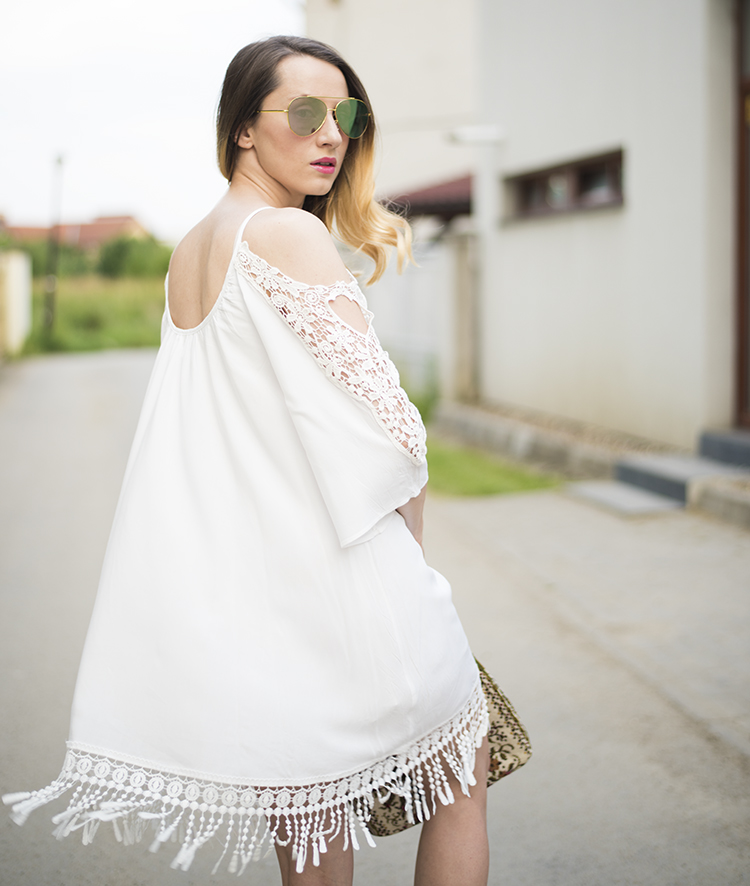 how to stretch back shrunken rayon garments White Open Shoulder Crochet Lace Sleeve Tassel Dress