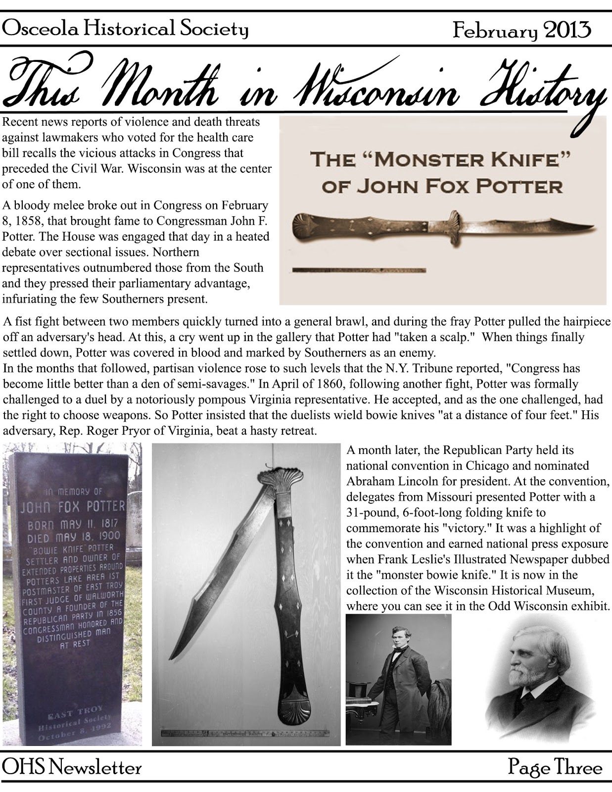 Osceola (Wisconsin) Historical Society Osceola Historical Society February 2013 Newsletter