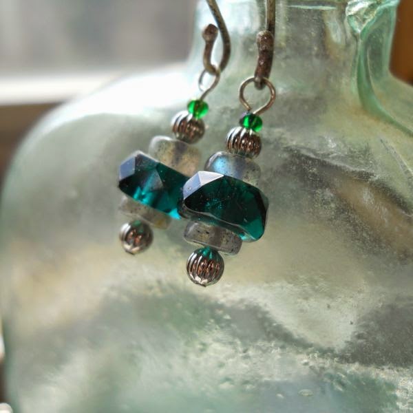 Silver, labradorite, emerald green glass earrings