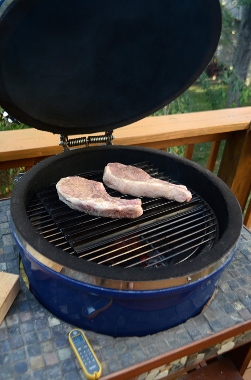 How to grill thick pork chops on a kamado grill, thick chops BGE, thick chops GrillDome, thick chops kamado joe