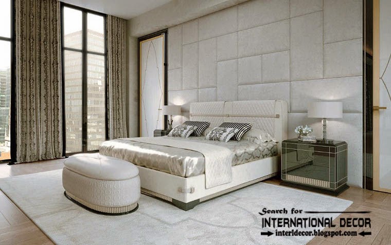 Stylish Art Deco bedroom interior design and furniture, white bedrooms with wall panel