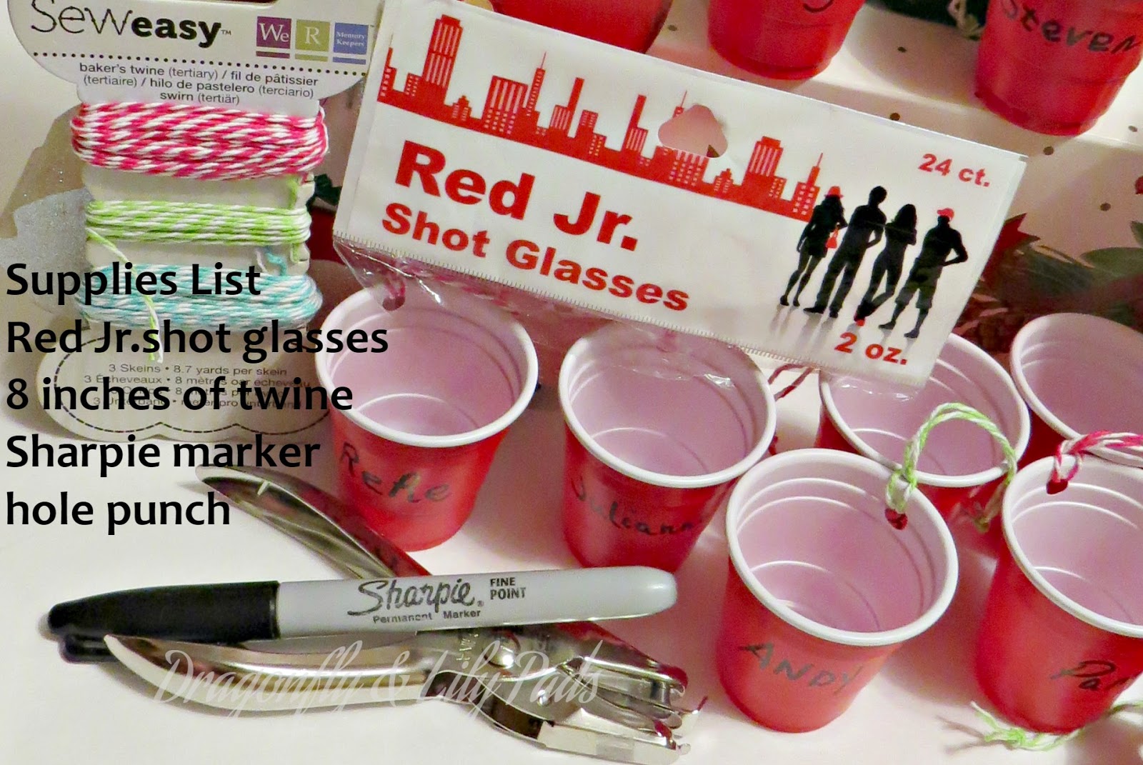 Sharpie Marker, Decroative Twine, Hole Punch, Red Jr. Shopt Glasses, Christmas Ornament Red Solo Cups