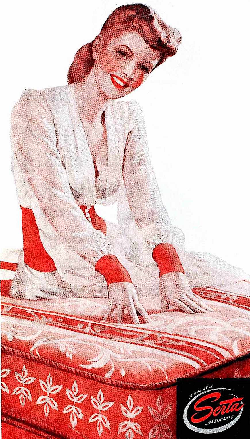 1943 Serta mattress a 1943 advertising illustration in red for Serta mattresses