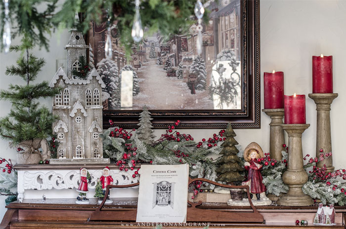 A holiday home decorated in a vintage inspired Christmas theme with snow and pops of red.  |  Balsam Hill Holiday Housewalk 2017  www.andersonandgrant.com