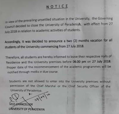 Peradeniya University closed for 2 months campus starts later