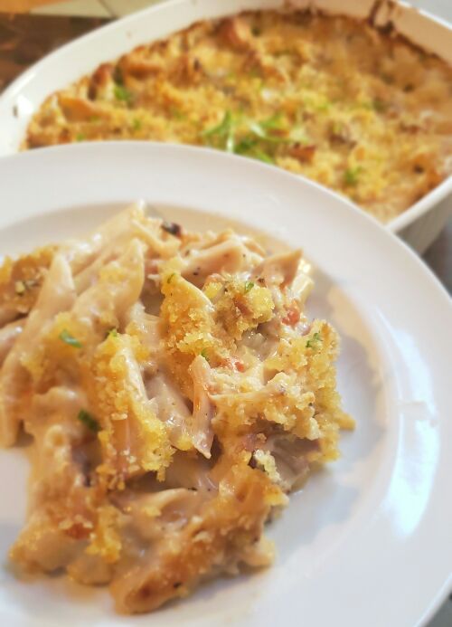 Creamy chicken and penne casserole recipe for quick weeknights using leftovers.