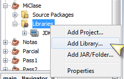 Agregar JDBC Driver de Firebird en NetBeans - Clic derecho en el menu de Librerias del Proyecto