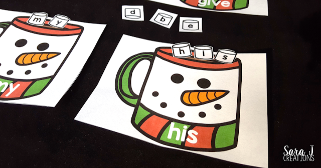 Free sight word practice with marshmallows and winter mugs. Spell the words out of the letter marshmallows. Includes editable version!