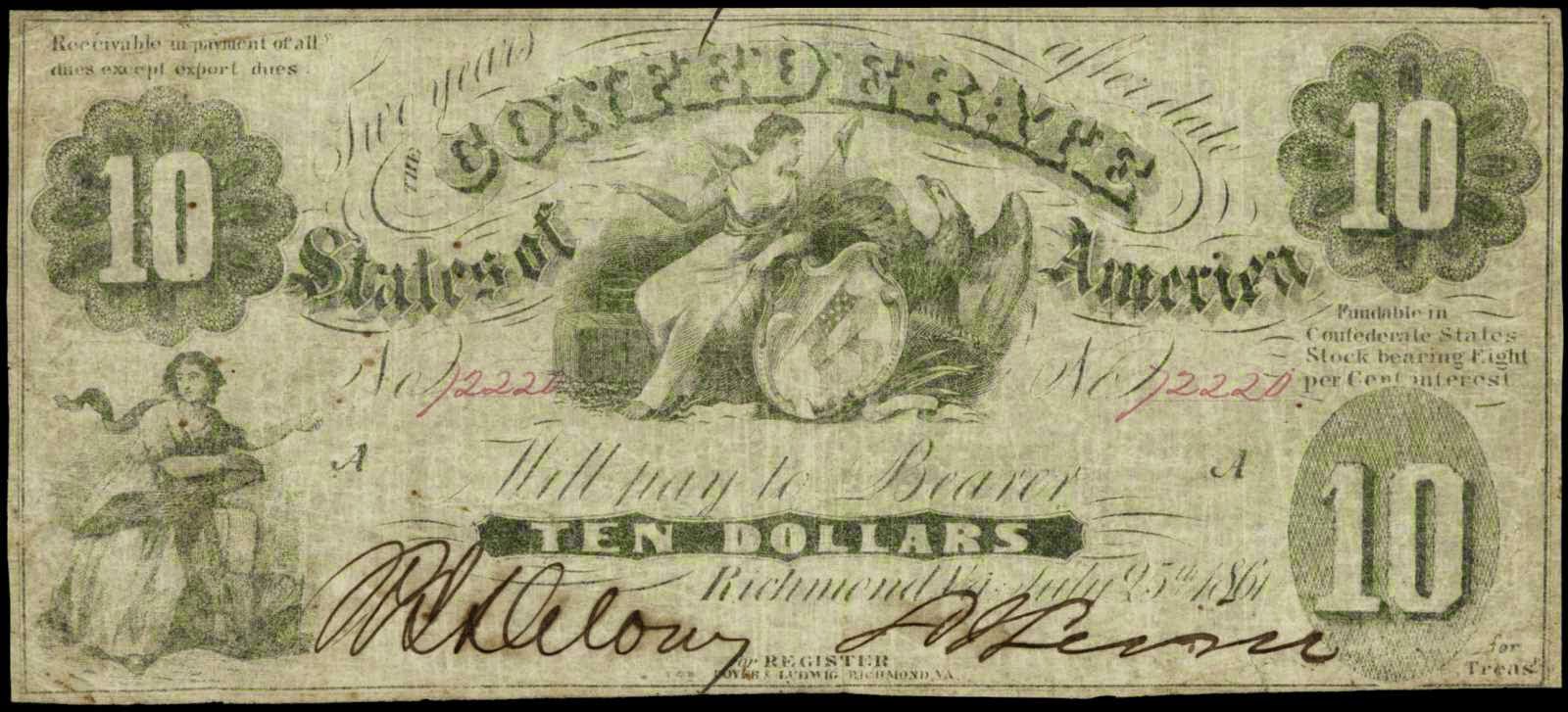 Confederate Money 1861 Ten Dollars Note