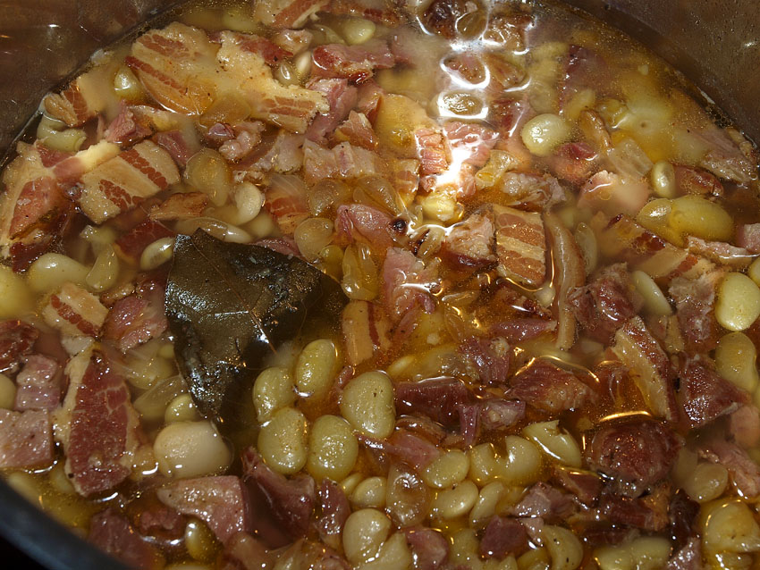 Pellet Smoker Cooking Baby Green Lima Beans, Ham Hock and Bacon
