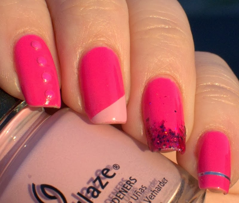 Kmart Pink Minx with neon studs, taping tip, striping tape and glitter gradient accent nail