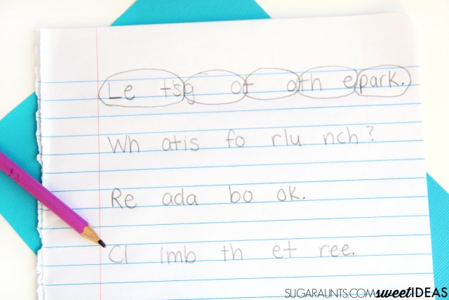 Spatial awareness puzzles for helping kids address visual perception skills needed for spacing between letters and words when writing.