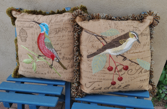 Welcome To Bonnes Amies Burlap Embroidered Bird Pillows For Summer