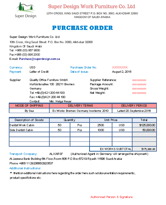 Import order. European transport order form.