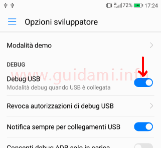 Cellulare Android attivare debug usb in Opzioni sviluppatore