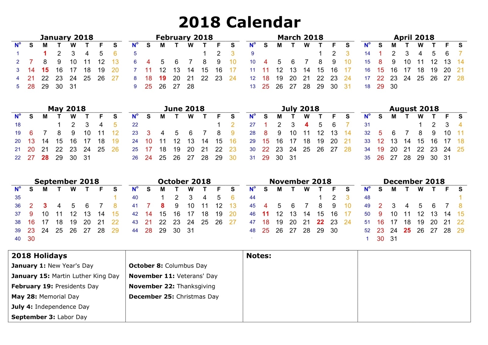 2018 printable calendar with notes