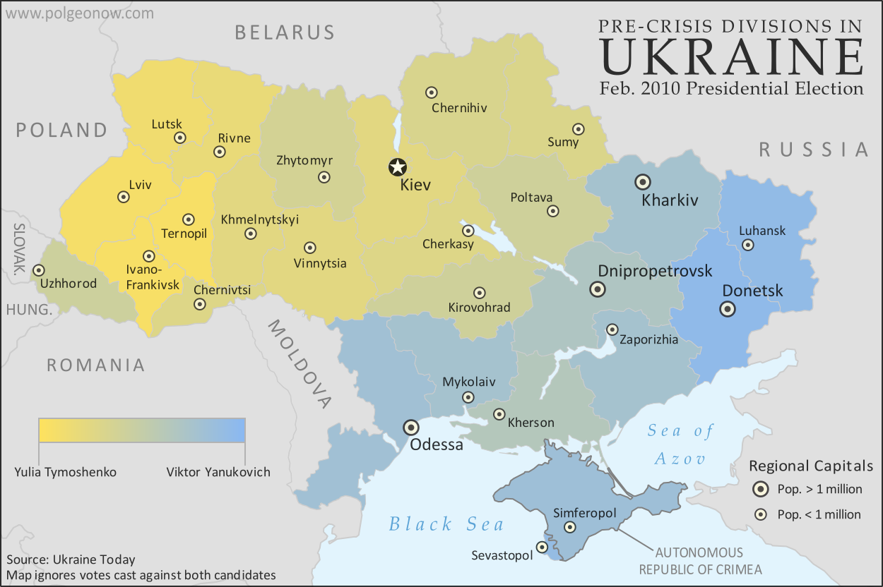 Map of the results of Ukraine's February 2010 presidential runoff election between Yulia Tymoshenko and Viktor Yanukovich
