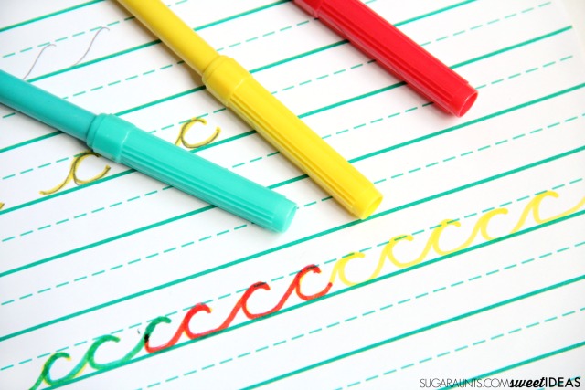 Color mixing rainbow writing activity for helping kids with letter formation