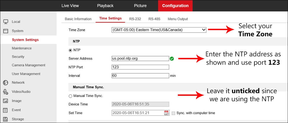 bottleneck move violent How to configure Time settings on a Hikvision NVR or camera —  SecurityCamCenter.com