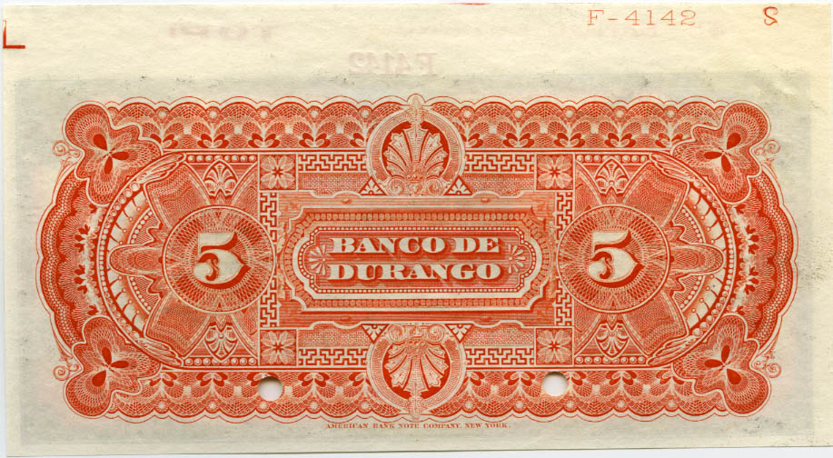 Mexican Revolution currency 5 Pesos banknote 1913 El Banco de Durango ...