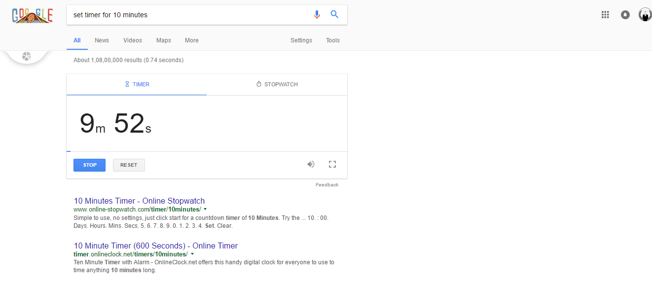 10 minute timer google