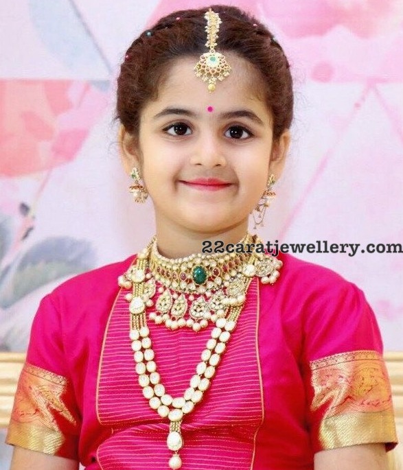 Small Girl in Polki Kundan Choker Long Set - Jewellery Designs